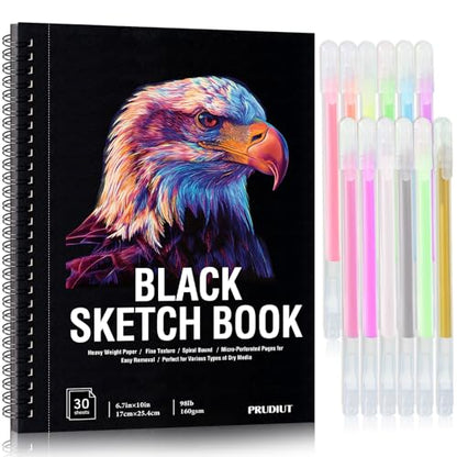 Black Paper Sketchbook Set, 6.7 × 10 in, 30 Sheets, 12 Gel Pens | 160gsm Acid-Free Paper, Spiral Bound, Tear-Out Pages, Hardcover, for Gel Pens, Chalk, Metallic Markers - size: 6.7×10in Set