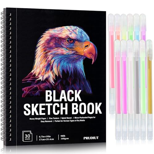 Black Paper Sketchbook Set, 6.7 × 10 in, 30 Sheets, 12 Gel Pens | 160gsm Acid-Free Paper, Spiral Bound, Tear-Out Pages, Hardcover, for Gel Pens, Chalk, Metallic Markers - size: 6.7×10in Set
