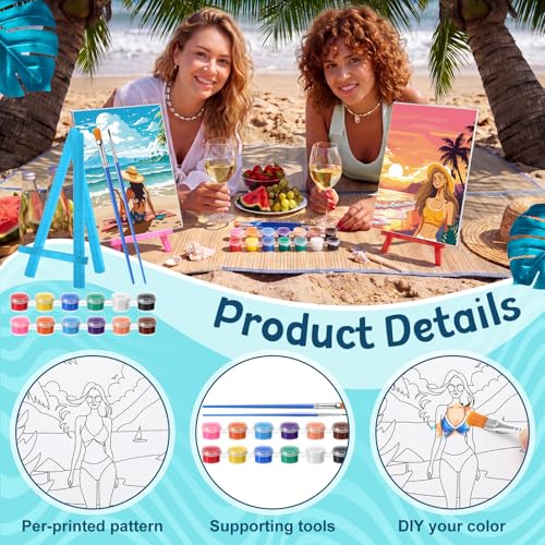 Blosssound 10 Set Pre Printed Canvas Pre Drawn Canvas Painting with Easel Kits 5" x 7" Outline Painting Panels for Beginners, DIY Craft Project, Party Favor, Home Decors(Hawaii Women) - style: Hawaii Women