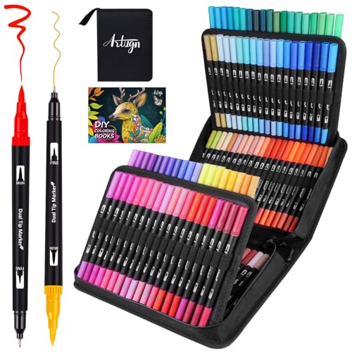 Artugn 120 Colors Dual Markers Brush Pens for Adult Coloring Books with Bag | Art Marker Set with Fine & Brush Tip Pen for Bullet Journaling, Coloring, Drawing, Hand Lettering, Calligraphy, Art Supplies - color: 120 Colors