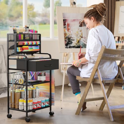 Art cart, 3 Tier Rolling Cart - Utility Cart with Storage Drawer and Wheels, Versatile Art & Craft Organizer for Home, Office, or Studio Ideal for Storing Brushes, Paints (Black) - color: Black
