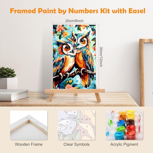 MOGTAA Owl Paint by Numbers Kit for Adults Beginners with Frame, Flowers Adult Paint by Number Kits on Canvas with Easel, Easy DIY Animal Oil Painting Kits for Home Decor, 8x12in - color: Owl