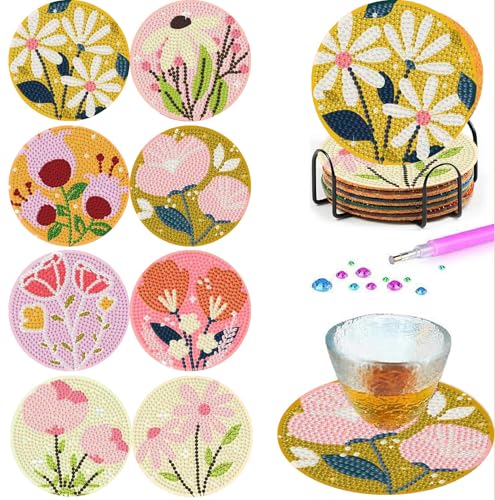 gganmtere 8p - Flowers Diamond Art Coasters,Flower Diamond Painting Coasters,5D DIY Full Drill Coaster with Holder Present - color: Jxbd104