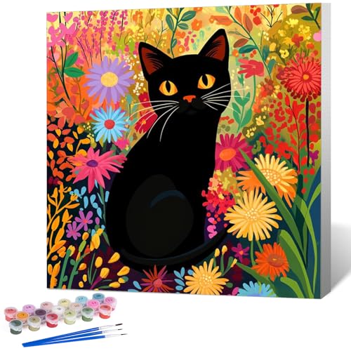 Framed Paint by Numbers Kit for Adults, Black Cat & Flower Decor 10x10 Inch | Paint by Number with Frame, DIY Acrylic Painting Kit for Relaxation, Easy for Beginners, Wall Decor Gift for Cat Lovers - color: OPFUS2504-08