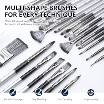 JYN‑ANREN 24Pcs Paint Brush Set, Professional 9 Shapes: Wide Flat, Filbert, Fan, Dagger, Cat Tongue, Round etc, for Acrylic, Oil, Watercolor, Includes Palette Knife & Waterproof Canvas Roll