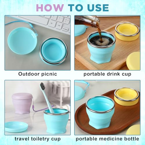 Zhehao 3 Pack Collapsible Travel Cup 6oz/180ml Silicone Collapsible Travel Water Cup Silicone Foldable Mug with Lid for Camping, Hiking, Outdoors(Yellow, Purple, Blue)