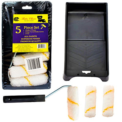 Bates- Paint Tray Set, Paint Roller Kit, 4 inch, Foam Roller, Roller Brush, Paint Tray, Roller Covers, Frame, Naps for House Painting Supplies - style: Microfiber 4", 5 pcs