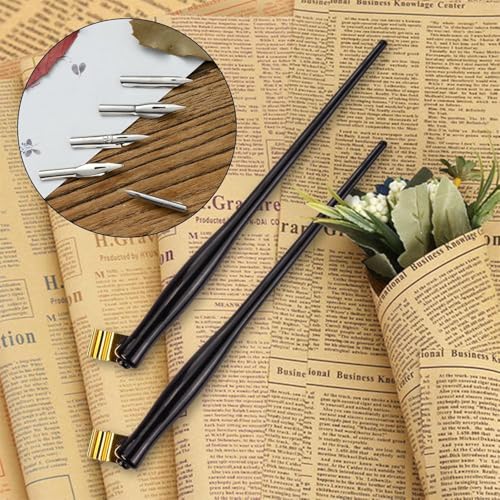 Flylin 2PCS Oblique Calligraphy Pen, 2-in-1 Drawing Pen Holder | Calligraphy writing tool, Dual use paint sketch pen, Removable Multi-Fit Brass Flange, 6.5 Inch Plastic Dip Pen Holder