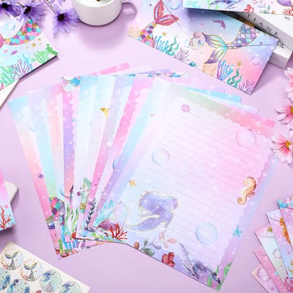 TaoBary 160 Pcs Stationery Paper Set 50 Double Sided Stationery Papers with 50 Matching Envelopes and 60 Round Dot Sticker, 10 Design(Mermaid,8.5 x 11 Inch) - size: 8.5 x 11 Inch, style: Mermaid