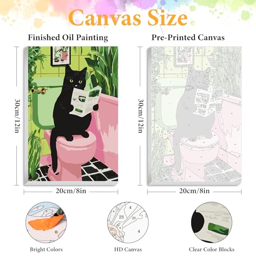 Framed Paint by Numbers Kit for Adults, Black Cat Bathroom Decor 8x12 Inch | Paint by Number with Frame, DIY Acrylic Painting Kit for Relaxation, Easy for Beginners, Wall Decor Gift for Cat Lovers - color: OPFUS2508-05
