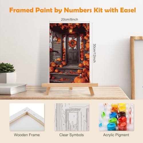 MOGTAA Fall Paint by Numbers Kit for Adults Beginners with Frame, Pumpkin Landscape Adult Paint by Number Kits on Canvas with Easel, Easy DIY Oil Painting Kits for Home Decor, 8x12in - color: Fall Pumpkin3