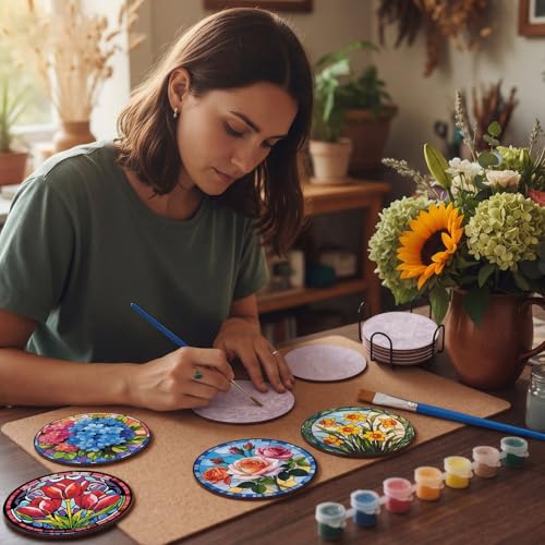 Reallnaive 8 Pcs Flower Paint by Numbers Kit for Adults Wood Floral Coaster - style: Floral