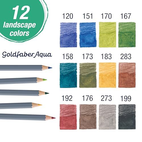 Faber-Castell Goldfaber Aqua Watercolor Pencils: Landscape Colored Pencils for Portraits, Dual Use Wet or Dry, Break-Resistant Cores, Art Supplies for Teens & Adults (12 Count)