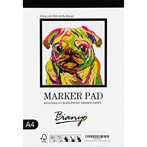 Bianyo Bleedproof Marker Paper Pad, A4(8.27"X11.69"), 50 Sheets, 18 LB / 70 GSM, Glue-Bound, 100% Cotton, White, Ideal for Use with Markers and Ink Mediums - size: A4(8.27*11.69"), 50 sheets