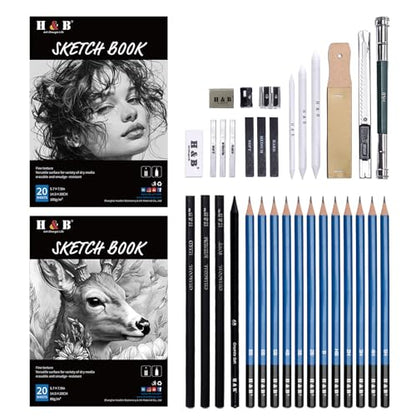 H & B 36 Pack Drawing Set Sketch Kit,Sketching Supplies with 2 sketch pad, Graphite Pencils, Charcoal Sticks, Eraser, Pro Art Drawing Kit for Artists Beginner Adults, Ideal for Shading, Blending - size: 36 Piece Set