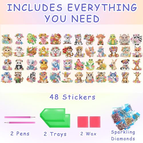 48 Pcs Diamond Art Sticker Kits for Kids, Animal Diamond Gem Stickers Kit - color: SYT011