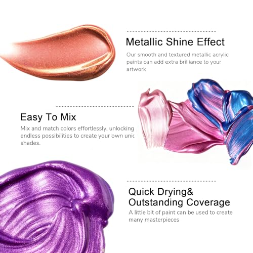 ABEIER Metallic Acrylic Paint Set 24 Colors 2oz Rich Pigments Non-Toxic - style: Metallic Colors