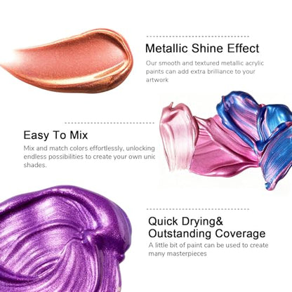 ABEIER Metallic Acrylic Paint Set 24 Colors 2oz Rich Pigments Non-Toxic - style: Metallic Colors