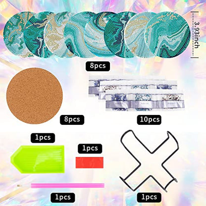 8 Pcs Ocean Diamond Art Painting Coasters with Holder, DIY Ocean Diamond Crafts Coasters for Adults, Diamond Art Painting Kits for Women, Beginners, Diamond Craft Supplies - color: Marble Ocean