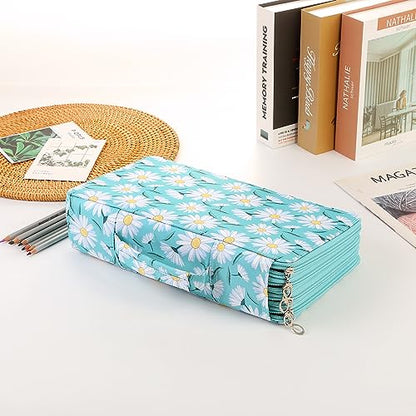 300 Slots Pencil Case 4-Layer Zipped Holder w/Handle - color: Daisy, size: 300
