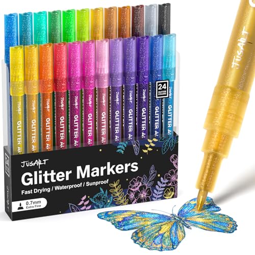 JusArt 24 Colors Glitter Markers, Glitter Pens, 0.7mm Acrylic Paint Markers