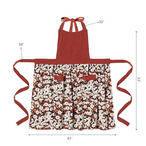 Cute Floral Apron for Women with Pockets, Cotton, Adjustable Straps - color: Burgundy