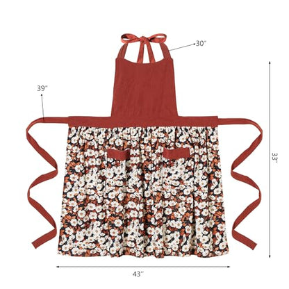 Cute Floral Apron for Women with Pockets, Cotton, Adjustable Straps - color: Burgundy