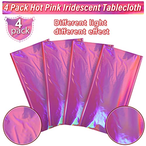 4 Pack Hot Pink Iridescent Plastic Tablecloths Shiny Disposable Laser Rectangle Table Covers Holographic Foil Tablecloth Iridescent Party Decorations Birthday Bridal Wedding Christmas, 54 x 108 Inch - color: Hot Pink