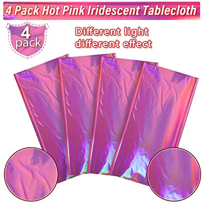 4 Pack Hot Pink Iridescent Plastic Tablecloths Shiny Disposable Laser Rectangle Table Covers Holographic Foil Tablecloth Iridescent Party Decorations Birthday Bridal Wedding Christmas, 54 x 108 Inch - color: Hot Pink
