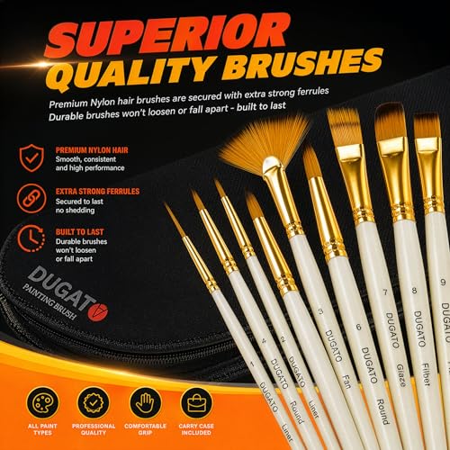 DUGATO Paint Brush Set 15pc with Pop-Up Case, Palette Knife & Sponges - color: Yellow