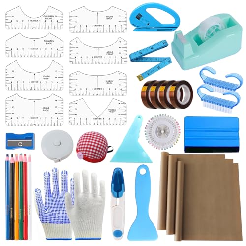 XEUZK Sublimation Shirts Tool Kits With 8 T Shirt rulers, 3Pack Teflon Sheet for Heat Press 12*16in, Heat Resistant Gloves With Silicone Bumps, 2 Rolls Heat Resistant Tape & Sublimation pencil (Blue) - color: Blue