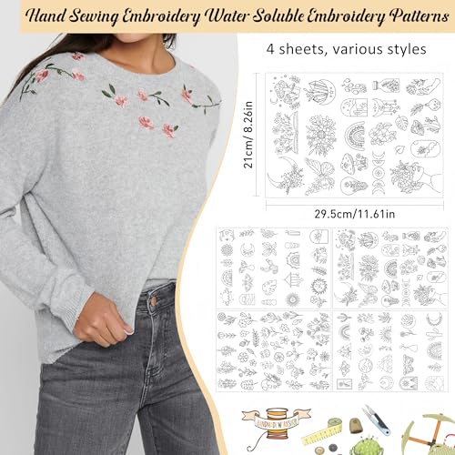 Water Soluble Stabilizer Embroidery Paper - Stick and Stitch Embroidery Paper Wash Away, 4 Sheet PCS Embroidery Pattern, Boho Butterfly Flower Sun Moon Designs, Hand Sewing Crafts - style: boho 1304