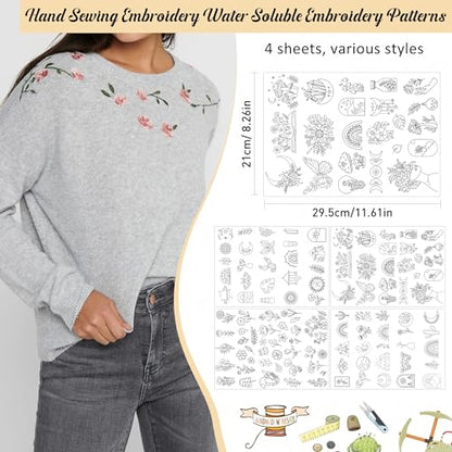 Water Soluble Stabilizer Embroidery Paper - Stick and Stitch Embroidery Paper Wash Away, 4 Sheet PCS Embroidery Pattern, Boho Butterfly Flower Sun Moon Designs, Hand Sewing Crafts - style: boho 1304