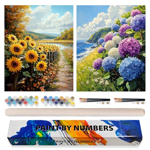 Possoco 2 Pack Paint by Numbers Kit for Adults Beginner, Flowers Adult Paint by Number Kits on Canvas, DIY Hydrangea Sunflower Landscape Acrylic Painting by Number Kits for Home Decor Gift 16x20 Inch - color: DG-OP-2P-Flowers-4050
