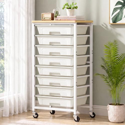 caktraie 8-Drawers Rolling Cart, Craft Storage Utility Cart, Beige White