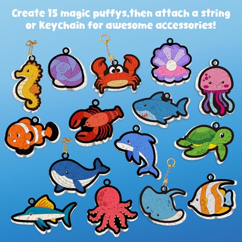 Artnedu 3D Art Kit-Magic Puffy Paint Kit,Ocean Theme,DIY Color Activity | Magic Puffy Keychain,15 Mess-Free Paint by Number Craft for Kids,Best Gift for Girls & Boys Age 4, 5, 6, 7, 8, 9, 10 - color: Ocean Puffy Painting Kits