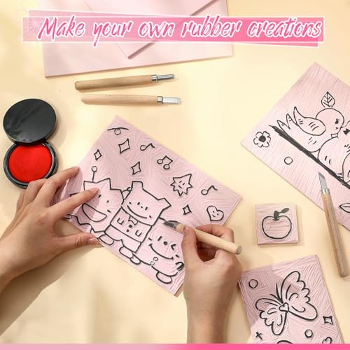 MotiMind 8 Pcs 3 Sizes Linoleum Blocks for Printmaking, Pink Rubber Stamp Carving Blocks, Soft Rubber Carved Bricks for DIY Printmaking Stamps Making and Craft Projects - size: 3 Sizes
