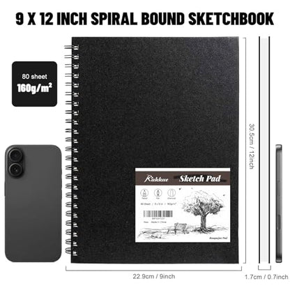 9" x 12" Hardcover Sketchbook Spiral Drawing Pad Mixed Media Art Book | 160gsm Paper, 80 Sheets (160 Pages), Lay Flat Spiral Binding, Micro-Perforated Pages, Acid-Free, Dry Media & Light Marker - size: 9*12 inch(80 Sheets)