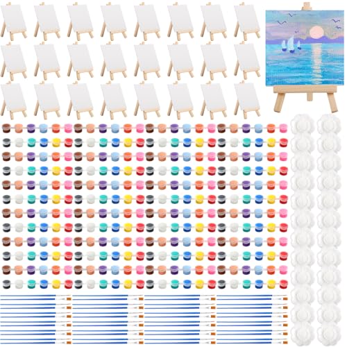24 Pack Mini Canvas Boards and Easel Paint Set, Acrylic Paint Set | 24Pcs 4" X 4"Canvas and Easel,12 Colors Washable Acrylic Paint Strips,48 Brushes,24 Palettes for Painting Crafts Party Favors - color: 4" X 4"
