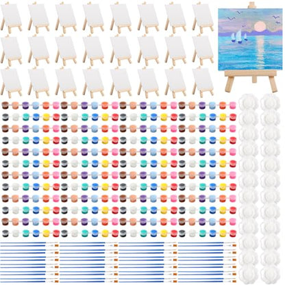 24 Pack Mini Canvas Boards and Easel Paint Set, Acrylic Paint Set | 24Pcs 4" X 4"Canvas and Easel,12 Colors Washable Acrylic Paint Strips,48 Brushes,24 Palettes for Painting Crafts Party Favors - color: 4" X 4"
