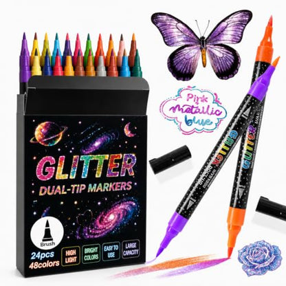 48 Colors Duo Glitter Effect Brush Markers, 24 Pack Water-based Ink Glitter Pens, Metallic Sparkle Markers for Doodle Writing, Glitter Art Crafts Gifts Trendy Stuff Art Supplies Drawing Supplies