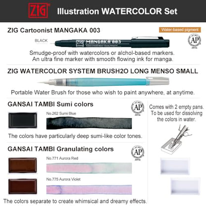 Kuretake Zig illustration watercolor Set, 3 Gansai Tambi, Fineliner and Waterbrush pen, for Inktober, Manga, Drawing, Calligraphy, Professional, Artist, Made in Japan (IKTB-25/7V) - style: Special 25(7pcs.)