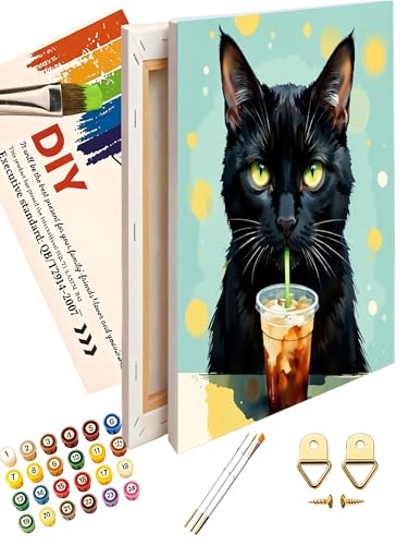 Share Young Animal Paint by Numbers Kit for Adults - DIY Black Cat Drinking Iced Coffee Painting on Canvas 16X20IN Framed, Acrylic Paint Set, Suitable for Beginners, Art for Home Decoration or Gifts - color: cyy301-16X20IN framed