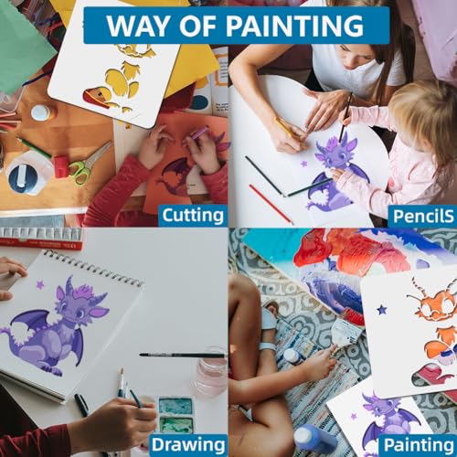 MAYJOYDIY 4pcs Layered Dragon Stencils 11.8×11.8inch Large Cartoon Dragon Stencil with Paint Brush Reusable Cute Little Animal Stencil for Craft Windows Wood Wall Tile Canvas Fabric Floor - color: Layered Dragon