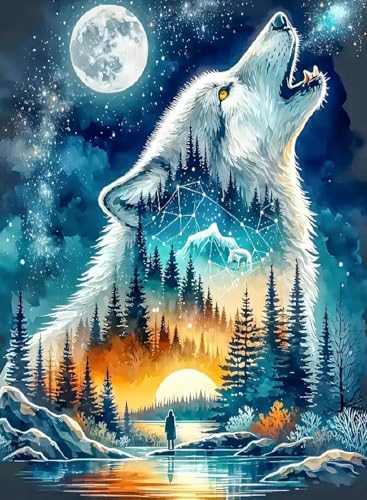 RYMILIE Wolf Diamond Art Kits for Adults Diamond Painting Kit 12x16in | 5D Wild Stress Relief Diamond Art Painting Kit for Beginners, DIY Full Round Drill Gem Art Crafts for Home Wall Decor Gift - color: DP02898