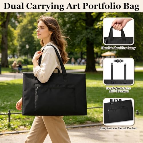 Light Weight Art Portfolio Tote Bag 20'' x 26'' Black Waterproof Canvas Carrying Storage Case with Detachable Shoulder Strap For Photography Artwork Poster Sketching Drawing - size: 20 x 26 Inch