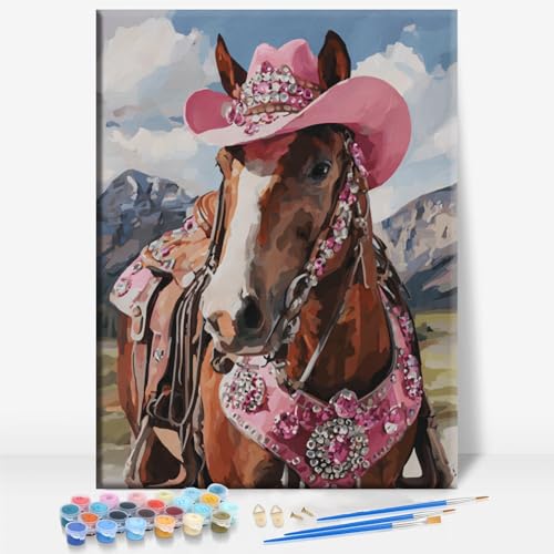 Aeontinity Pink Cowgirl HAT Horse Animal Framed Canvas DIY Paint by Numbers Kit Bar Cafe Cave Home Room Wall Bathroom Porch Patio Decor Gift, 16 x 12 Inch - color: PINK COWGIRL HAT HORSE