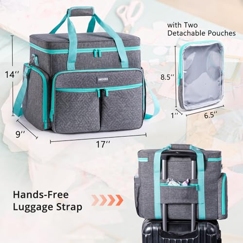 AMOIGEE Large Craft Bag - Scrapbook Storage, Craftsman Tool Tote Bag, Teacher Bags, Scrapbook Tote Bag, Art Supply Bag for Teachers, Large Sewing Machine Case - color: Grey - Teal, size: W/No Wheels