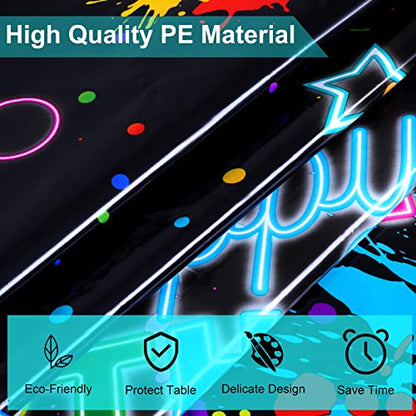 durony 2 Pack Glow in the Dark Birthday Party Tablecloth Neon Plastic Disposable Table Cover Paint Graffiti Happy Birthday Table Decorations for Let's Glow Birthday Party, 54 x 108 Inch - style: Neon Birthday
