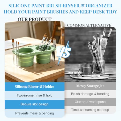 Paint Brush Cleaner Foldable Silicone Cleaning Container 8.8x4.2in, Brush Washing Station for Acrylic Oil Watercolor Painting, Artist Cleaner Tool for Students & Artists, Gift, Green - color: Green